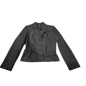 EUC Antonio Melani Belted Jacket Business Casual sz 12 charcoal w/ red pinstripe